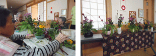 生け花を楽しむ皆さん。そして皆さんの作品を展示しています。 生け花の様子